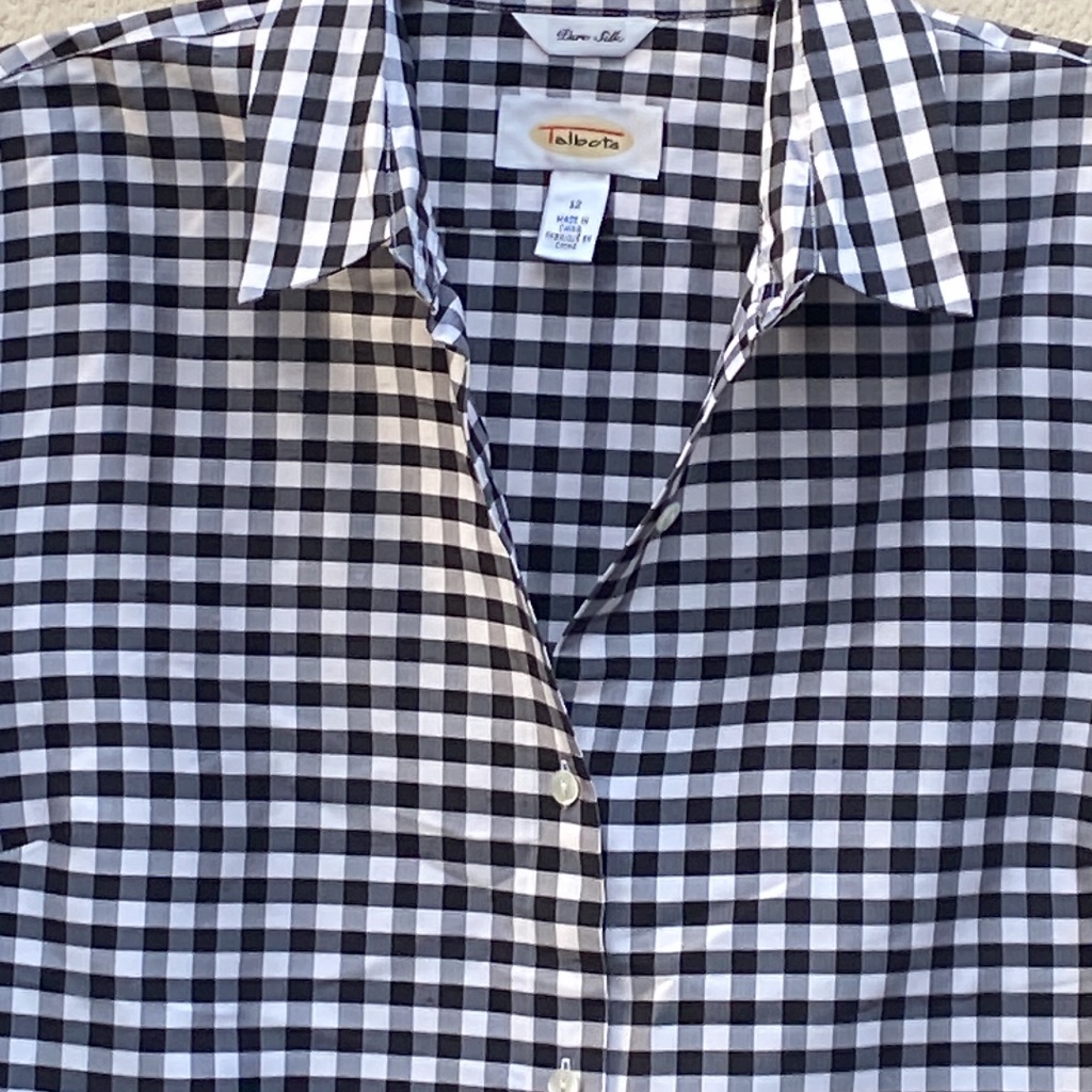 Talbots Pure Silk Button Down Shirt Black White Square Size 12 3/4 Sleeves Nice